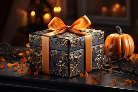 Black gift box with orange ribbon, Halloween copcept. Generative AIの素材