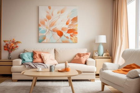 Modern minimalistic interior of the living room, autumn decor, painting on the wall. Generative AIの素材