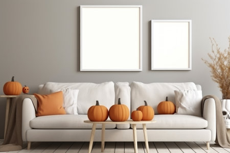 Modern minimalistic interior of the living room, decorated with white mock up photo frame. Generative AIの素材
