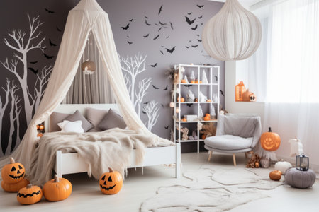 Home decor in light bedroom for Halloween party. Generative AIの素材