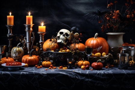 Dining table decorated for halloween celebration. Generative AIの素材
