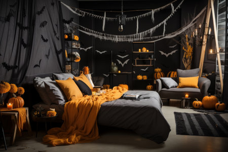 Home decor in bedroom for Halloween party. Generative AIの素材