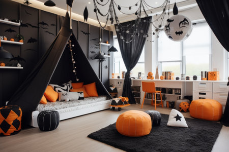 Home decor in bedroom for Halloween party with pumpkin. Generative AIの素材