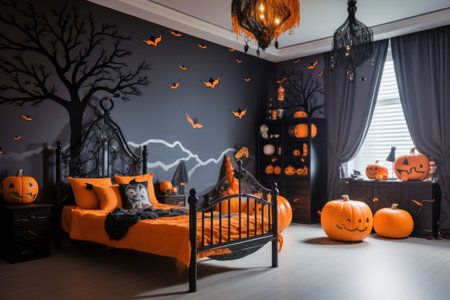 Home decor in bedroom for Halloween party with pumpkin. Generative AIの素材