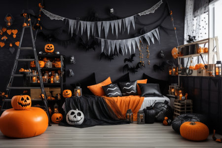 Bedroom decorated for Halloween with pumpkins. Generative AIの素材