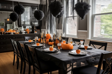 Dark dining room decorated in Halloween, gothic style. Generative AIの素材