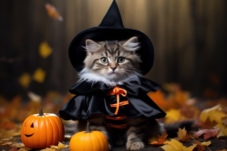 Cute cat in hat sitting near pumpkin in autumn forest, Halloween concept. Generative AIの素材