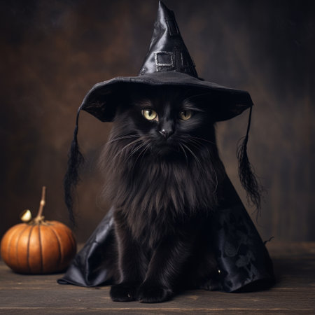 Black cat in a witch hat sitting next to a pumpkin, Halloween concept. Generative AIの素材