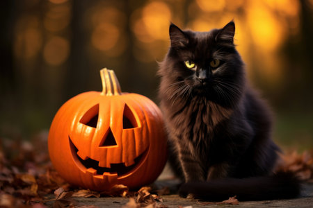 Cute black cat is sitting near pumpkins, Halloween, thanksgiving concept. Generative AIの素材