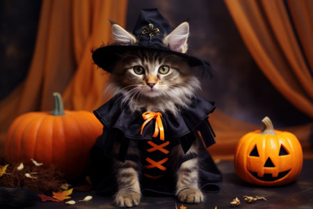 Grey cat in a witch hat and cloak sitting next to a pumpkin, Halloween concept. Generative AIの素材