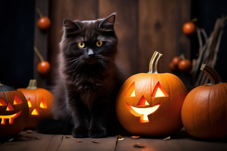 Cute black cat is sitting near pumpkins, Halloween, thanksgiving concept. Generative AIの素材
