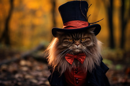 Cute grey cat in witch hat in autumn forest, Halloween, thanksgiving concept. Generative AIの素材