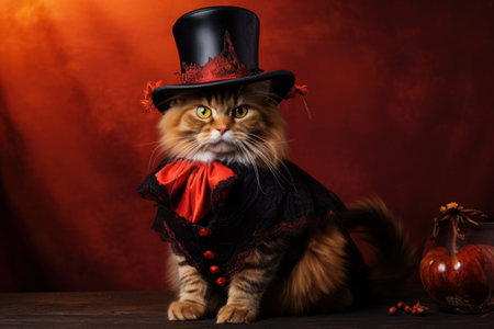 A red cat in a carnival costume and hat, Halloween, thanksgiving concept. Generative AIの素材