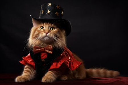 A red cat in a carnival costume and hat, Halloween, thanksgiving concept. Generative AIの素材