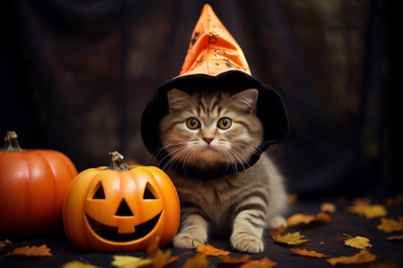 Cute little cat in hat sitting near pumpkin in autumn forest, Halloween concept. Generative AIの素材