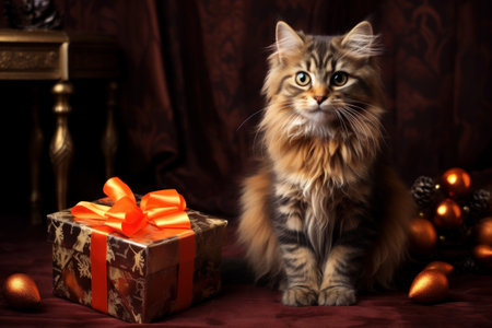 Cute grey cat is sitting near gift box, New Year, holiday concept. Generative AIの素材