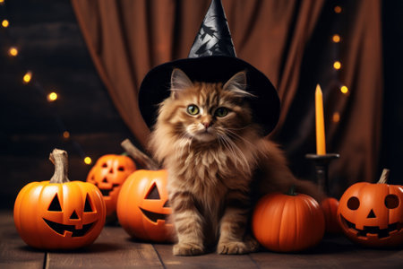 Cute grey cat in witch hat is sitting near pumpkins, Halloween, thanksgiving concept. Generative AIの素材