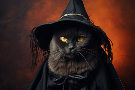 Black cat in a witch hat and cloak looking at the camera, Halloween concept. Generative AIの素材