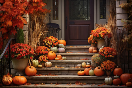 Orange pumpkin and flowers - autumn decor in front of doorstep. Generative AIの素材