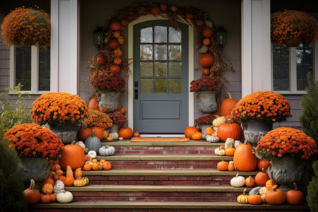 Orange pumpkin and flowers - autumn decor in front of doorstep. Generative AIの素材