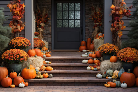 Decorated entrance to the house with pumpkins and flowers. Generative AIの素材