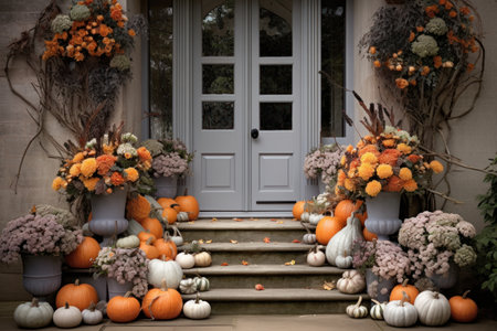 Porch of house, decorated with pumpkins and flowers. Generative AIの素材