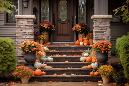 Decorated entrance to the house with pumpkins and flowers. Generative AIの素材