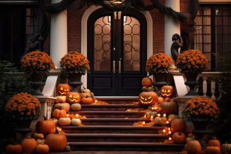 Orange pumpkin and flowers - Halloween decor in front of doorstep. Generative AIの素材