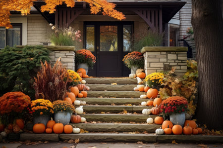 Porch of house, decorated with pumpkins and flowers. Generative AIの素材