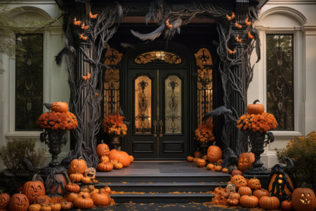 Orange pumpkin and flowers - Halloween decor in front of doorstep. Generative AIの素材