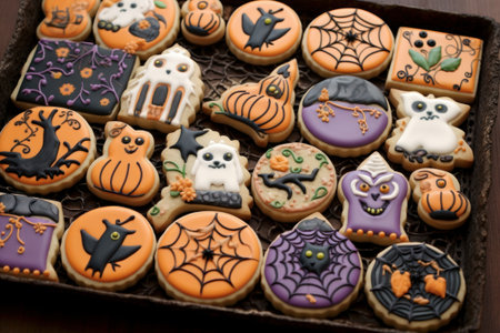 Top view of colorful delicious cookies for a Halloween partyの素材