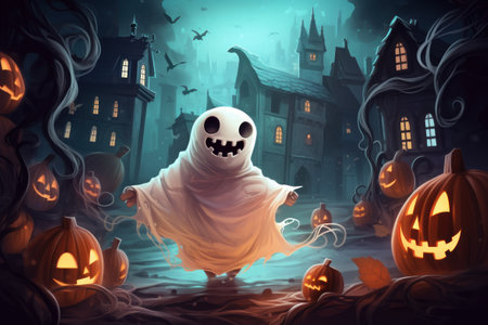 Smilling ghost in magical forest with jack-o'-lantern. Halloween, celebration, holiday conceptの素材