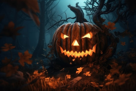 Ugly Halloween pumpkin in autumn forest at night. Celebration, holiday conceptの素材