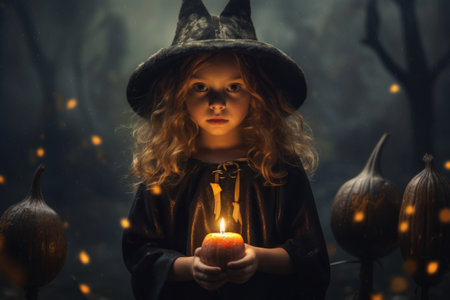 A little witch is holding a candle, next to Halloween pumpkins, realistic styleの素材