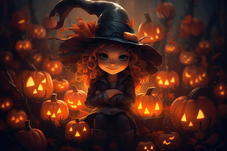 A little smilling witch with red hair is sitting in an autumn forest, jack-o'-lanterns on background, cartoon styleの素材