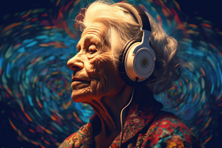 Older woman listens to music with headphones. Deep, bright colors, multicolored background. Generative AIの素材