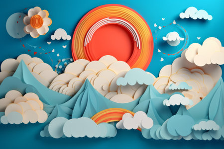 Summer landscape - sun, cloud and sky. Japanese origami, paper art style. Generative AIの素材