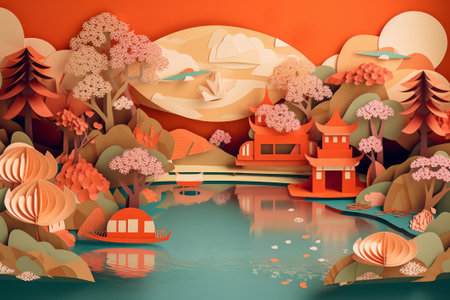 Summer scene - river, mountains, house and tree. Japanese origami, paper art style. Generative AIの素材