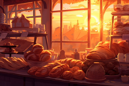 Bakery counter, shop showcase with fresh pastry, buns. Food, breakfast, baking, desserts concept. Generative AIの素材