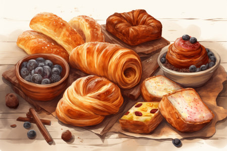 Baked bread products - bun, muffin, bagel with fruits. Breakfast, baking, desserts, food concept. Generative AIの素材