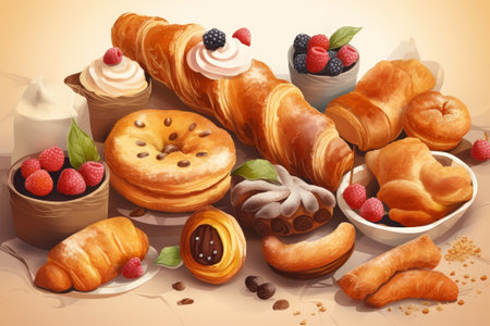 Baked bread products - bun, bagel with fruits and chocolate. Breakfast, baking, desserts, food concept. Generative AIの素材