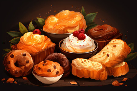 Bakery pastry products - bun, bagel with chocolate and fruit on dark background. Food, breakfast, baking, desserts concept. Generative AIの素材
