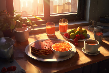 Pancakes with fruit and a cup of tea on table. Breakfast, baking, desserts, food concept. Generative AIの素材
