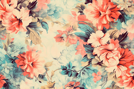Pattern of leaves and blooming red flowers. Pastel colors on a light background. Generative AIの素材