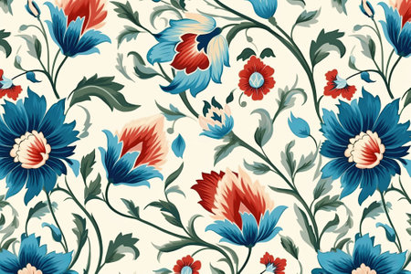 Pattern of leaves and blooming flowers. Vivid colors on white background. Generative AIの素材