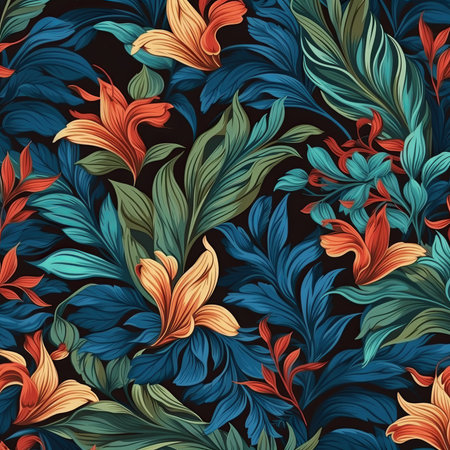 Floral background, vivid colors. Abstract leaf and flowers design on a dark background. Generative AIの素材