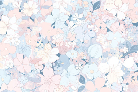 Pattern of leaves and blooming flowers. Pale colors on a light background. Generative AIの素材