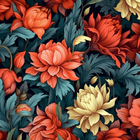 Abstract floral pattern. Blooming flowers on dark background. Vivid colors. Generative AIの素材