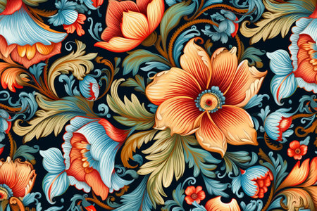 Pattern of leaves and blooming red flowers. Vivid colors on dark background. Generative AIの素材