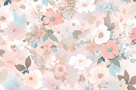 Floral background. Abstract leaf and flowers design on a dark background. Pale colors. Generative AIの素材